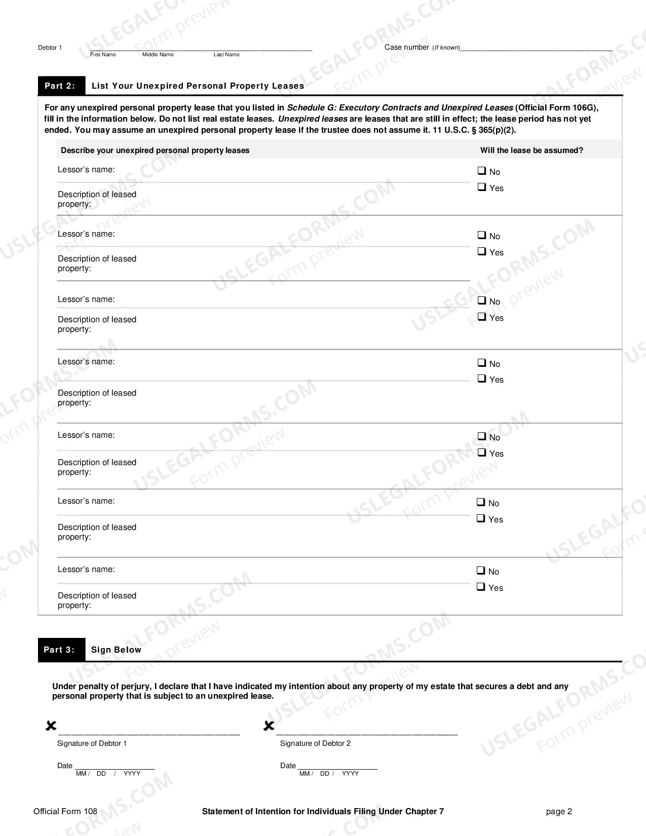 Preview Statement of Intention for Individuals Filing Under Chapter 7