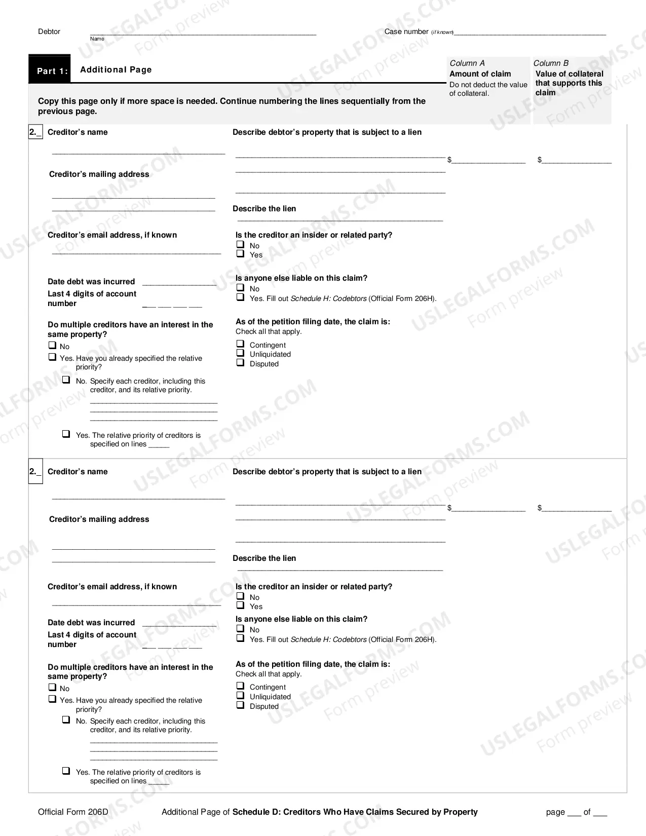 Preview Schedule D: Creditors Who Hold Claims Secured By Property (non-individuals)