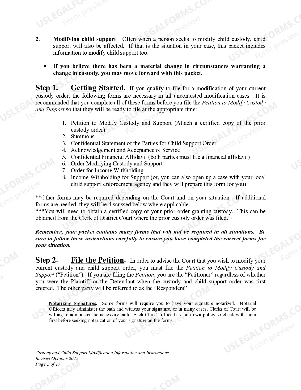Preview Custody and Child Support Modification Information and Instructions
