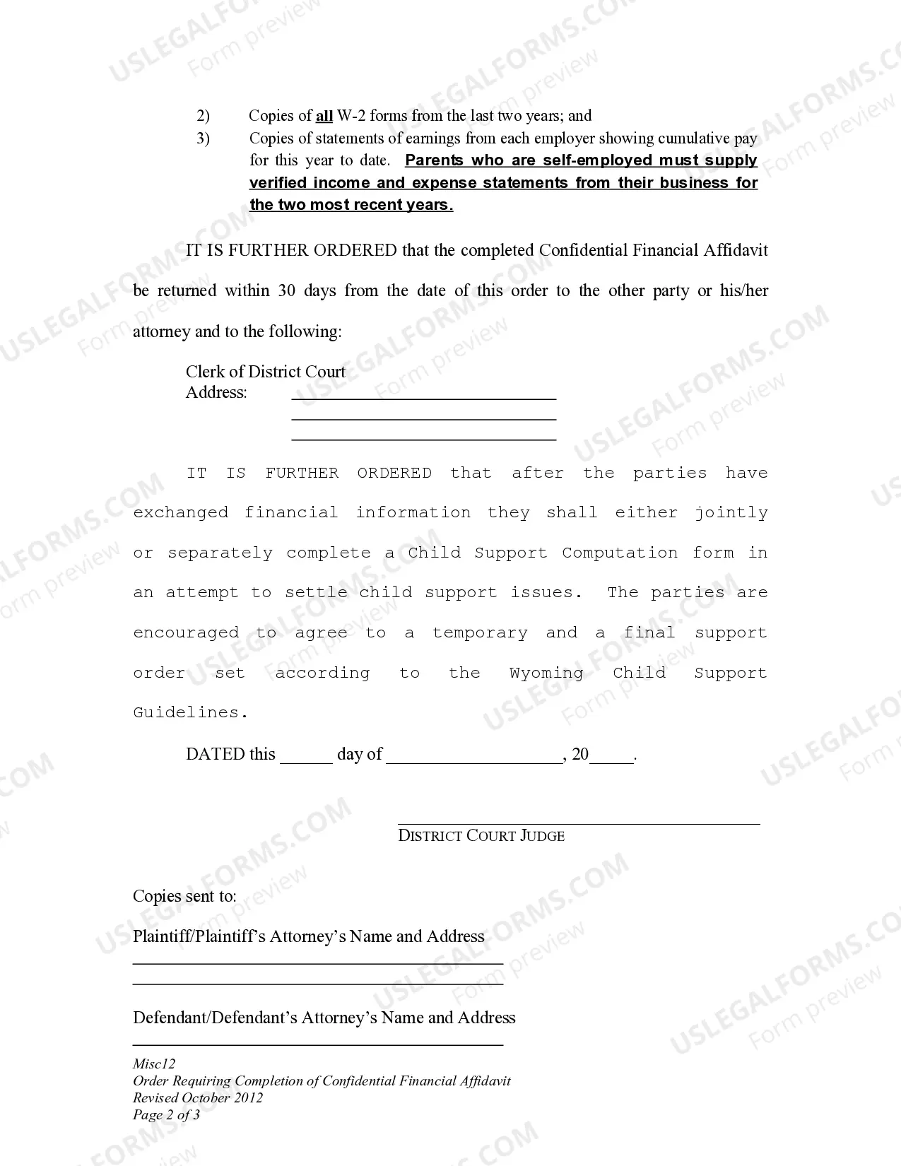 Preview Order Requiring Completion of Confidential Financial Affidavits for Child Custody Modification
