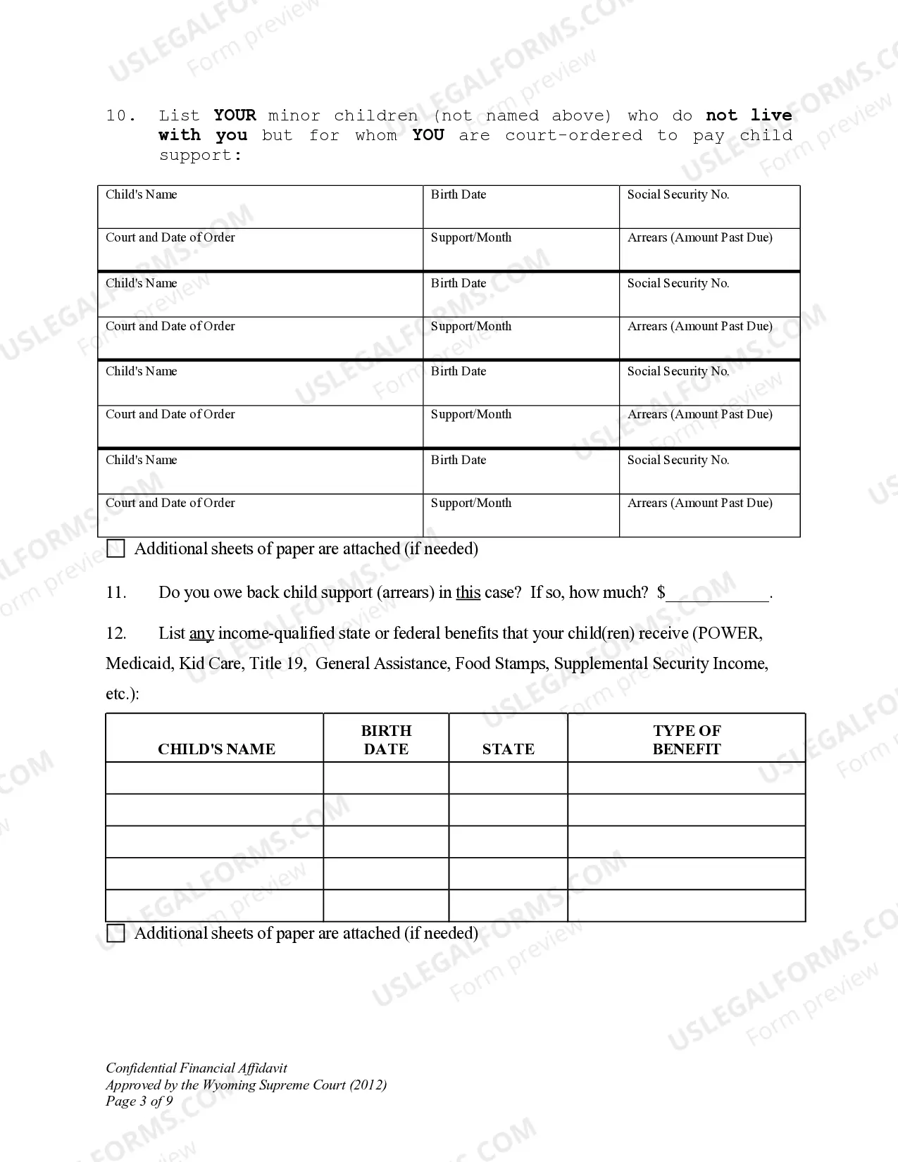 Preview Confidential Financial Affidavit W.S. Section 20-2-308 for Child Custody Modification