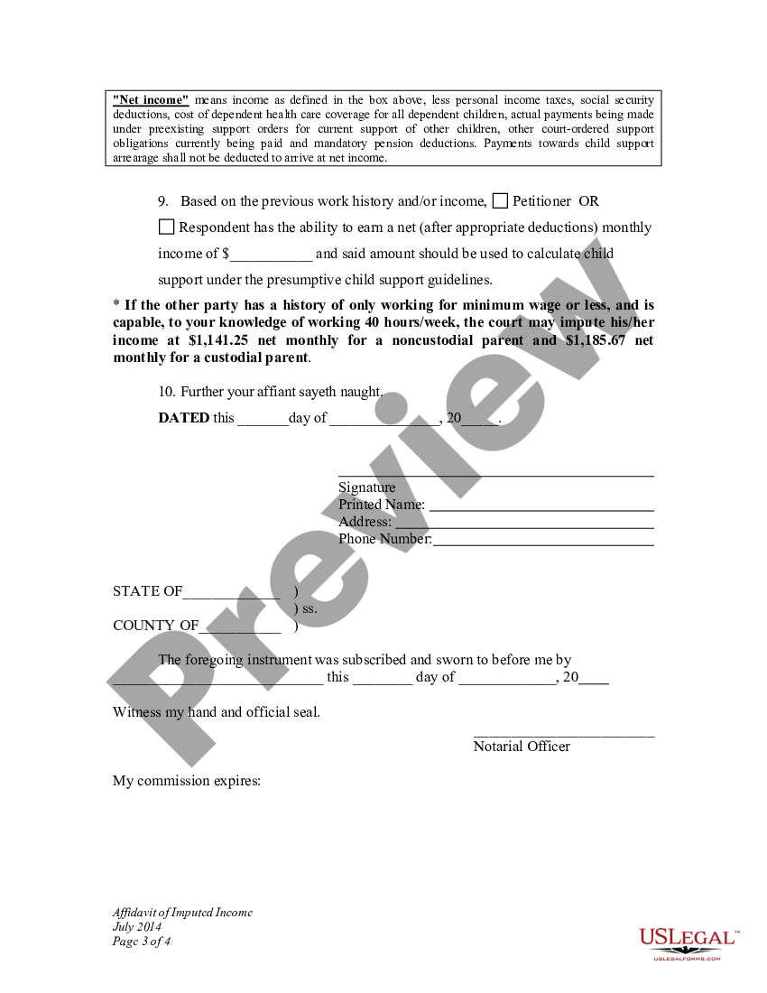 Wyoming Affidavit of Imputed Income for Child Custody Modification | US ...