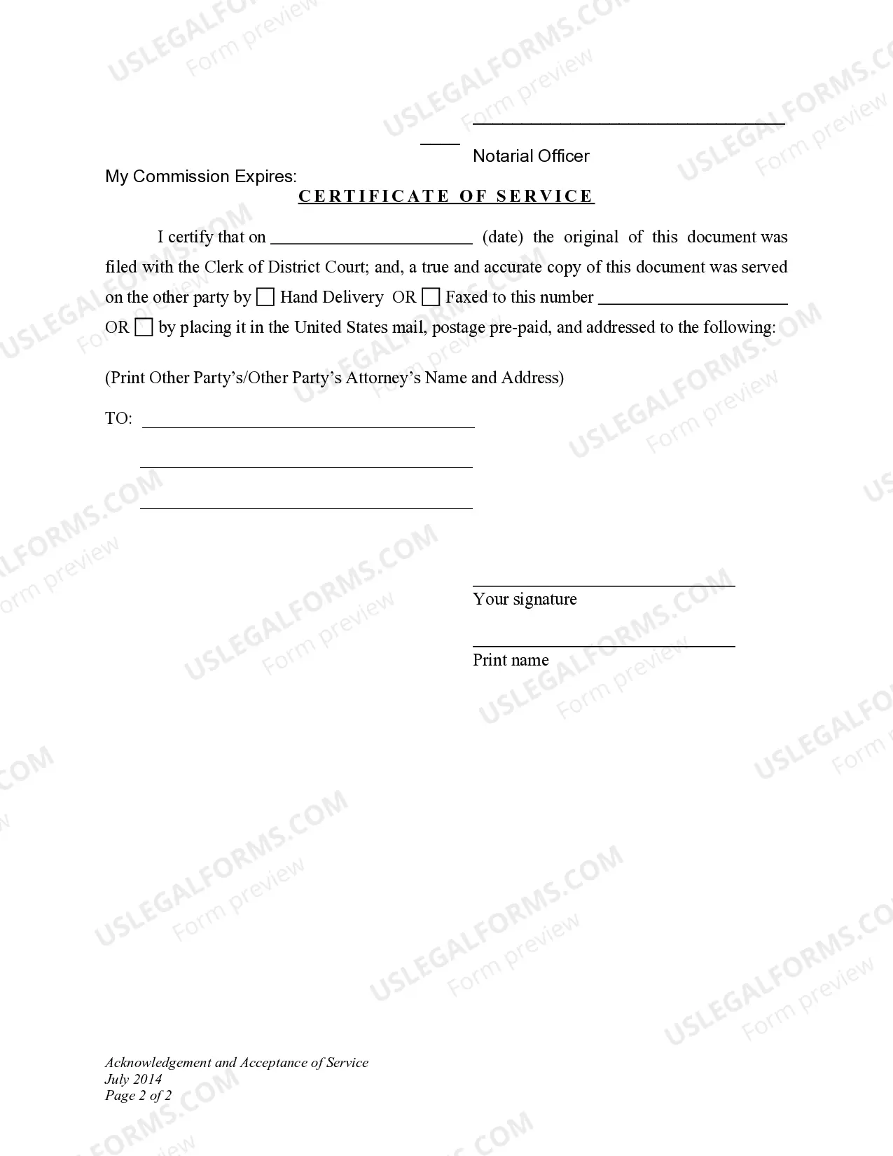 Preview Acknowledgment and Acceptance of Service for Child Custody Modification
