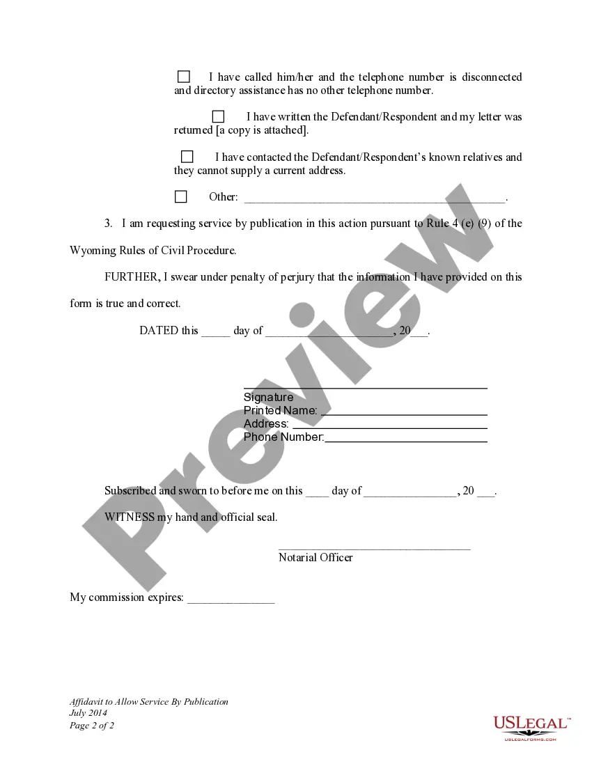 Preview Affidavit to Allow Service By Publication for Child Custody Modification
