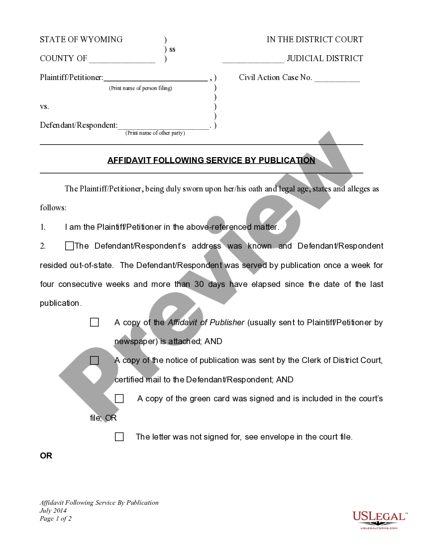 Wyoming Affidavit Following Service By Publication for Child Custody
