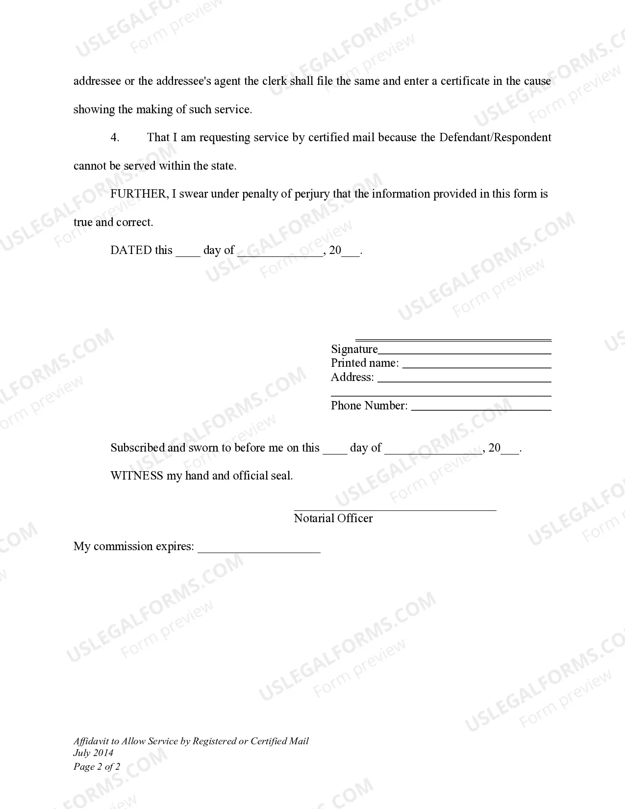 Preview Affidavit to Allow Service By Registered Or Certified Mail for Child Custody Modification