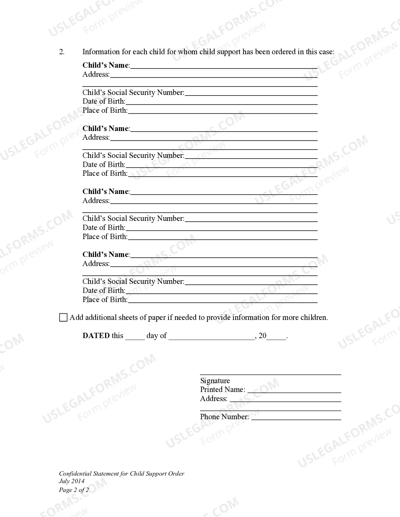 Preview Confidential Statement for Child Support Order for Child Custody Modification