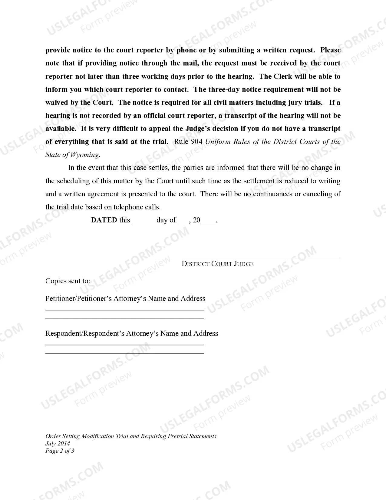 Preview Order Setting Modification Trial and Requiring Pretrial Statements for Child Custody Modification