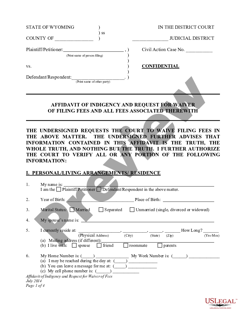 Wyoming Affidavit of Indigency and Request For Waiver Of Filing Fees ...