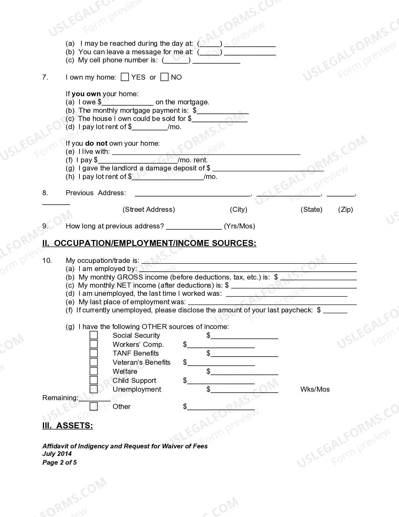 Preview Affidavit of Indigency and Request For Waiver Of Filing Fees and All Fees Associated Therewith for Child Custody Modification - In Forma Pauperis