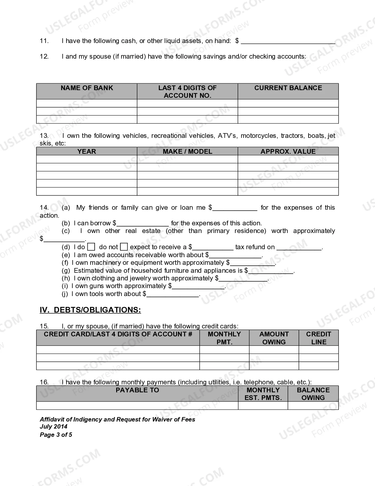 Preview Affidavit of Indigency and Request For Waiver Of Filing Fees and All Fees Associated Therewith for Child Custody Modification - In Forma Pauperis