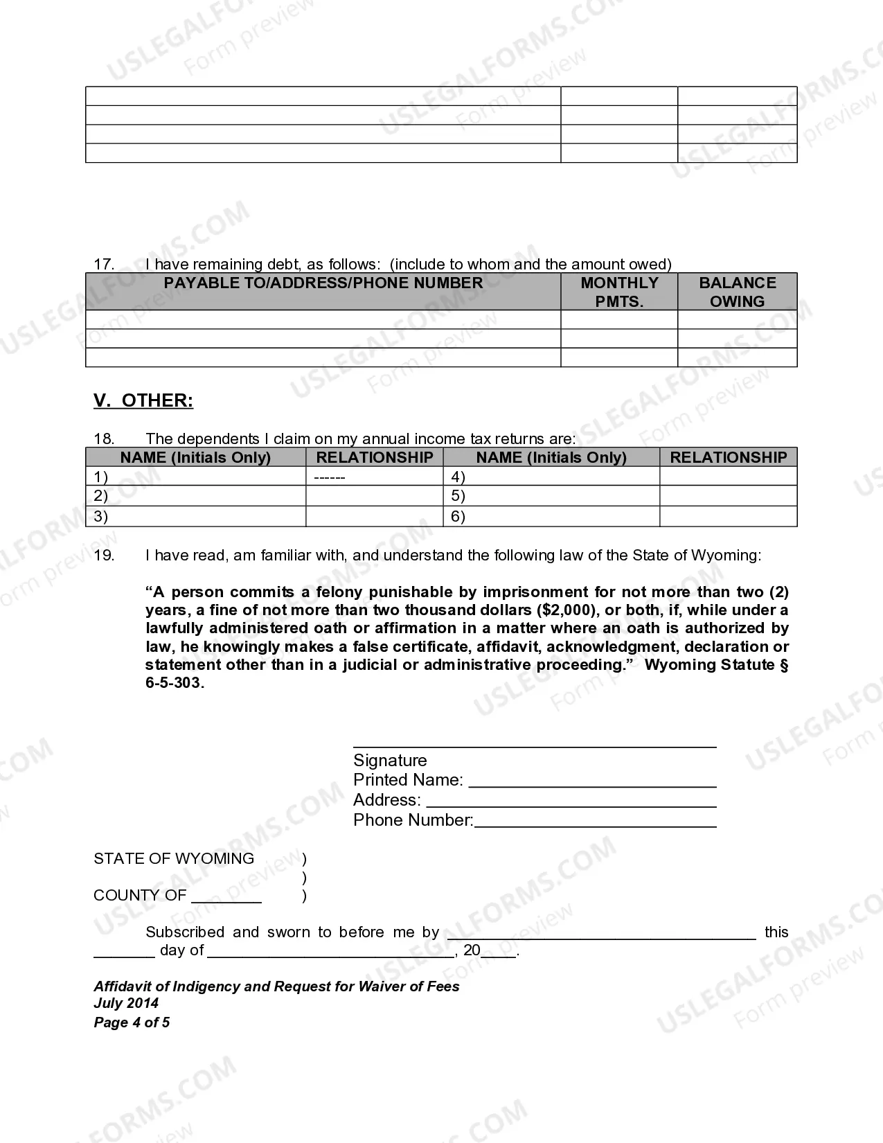 Preview Affidavit of Indigency and Request For Waiver Of Filing Fees and All Fees Associated Therewith for Child Custody Modification - In Forma Pauperis