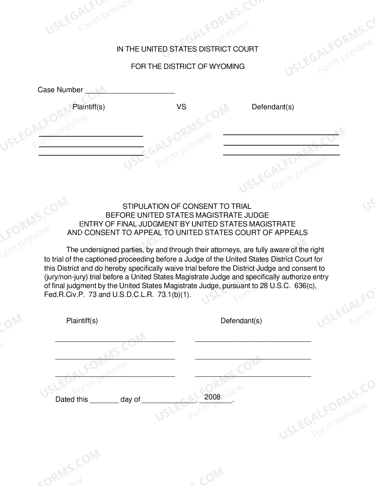 Preview Stipulation of Consent to Trial Before US Magistrate Judge and Entry of Final Judgment By US Magistrate and Consent to Appeal to United States Court Of Appeals