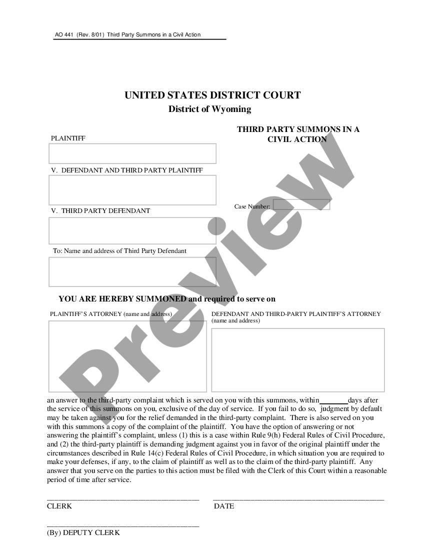 Wyoming Third Party Summons in a Civil Action US Legal Forms