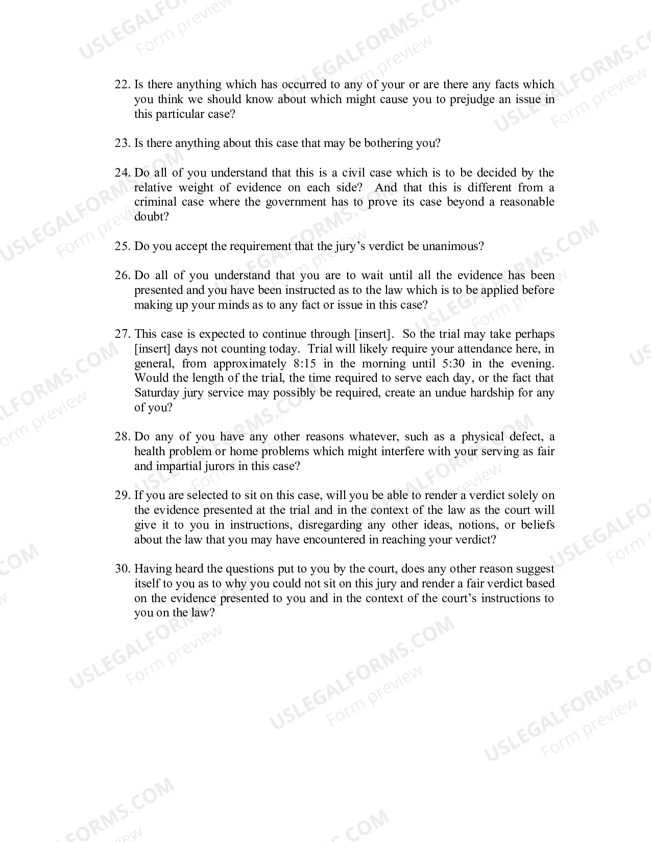 Preview Voir Dire Questions (Civil)