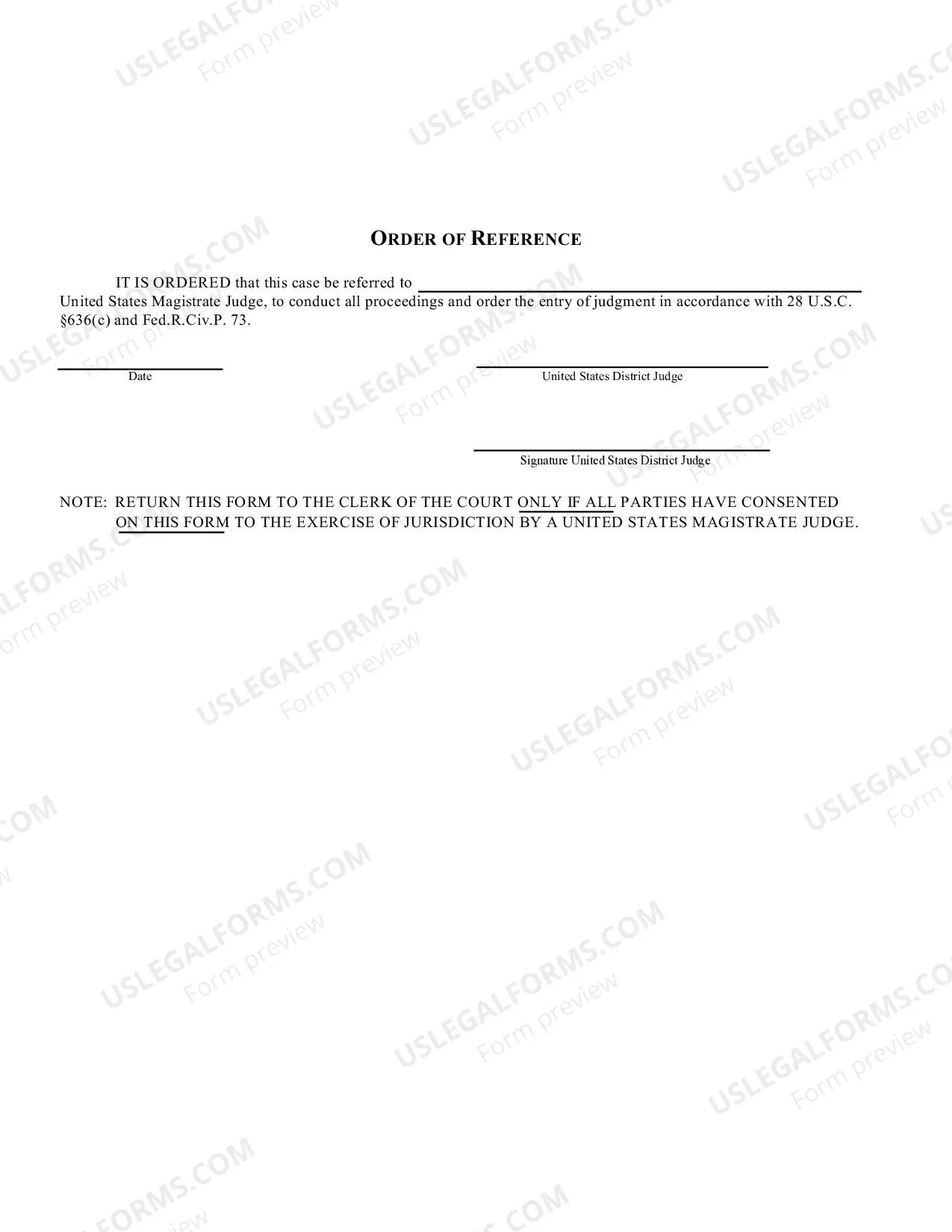 Preview Notice, Consent, and Order of Reference - Exercise Of Jurisdiction By a United States Magistrate Judge
