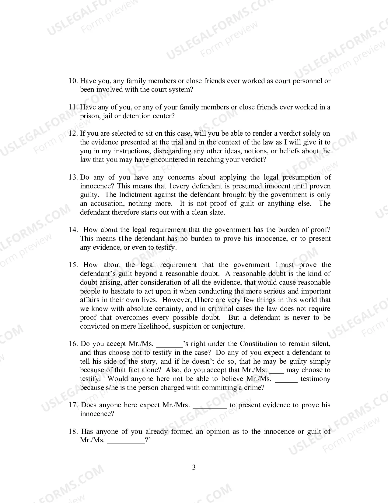 Preview Voir Dire Questions (Criminal)