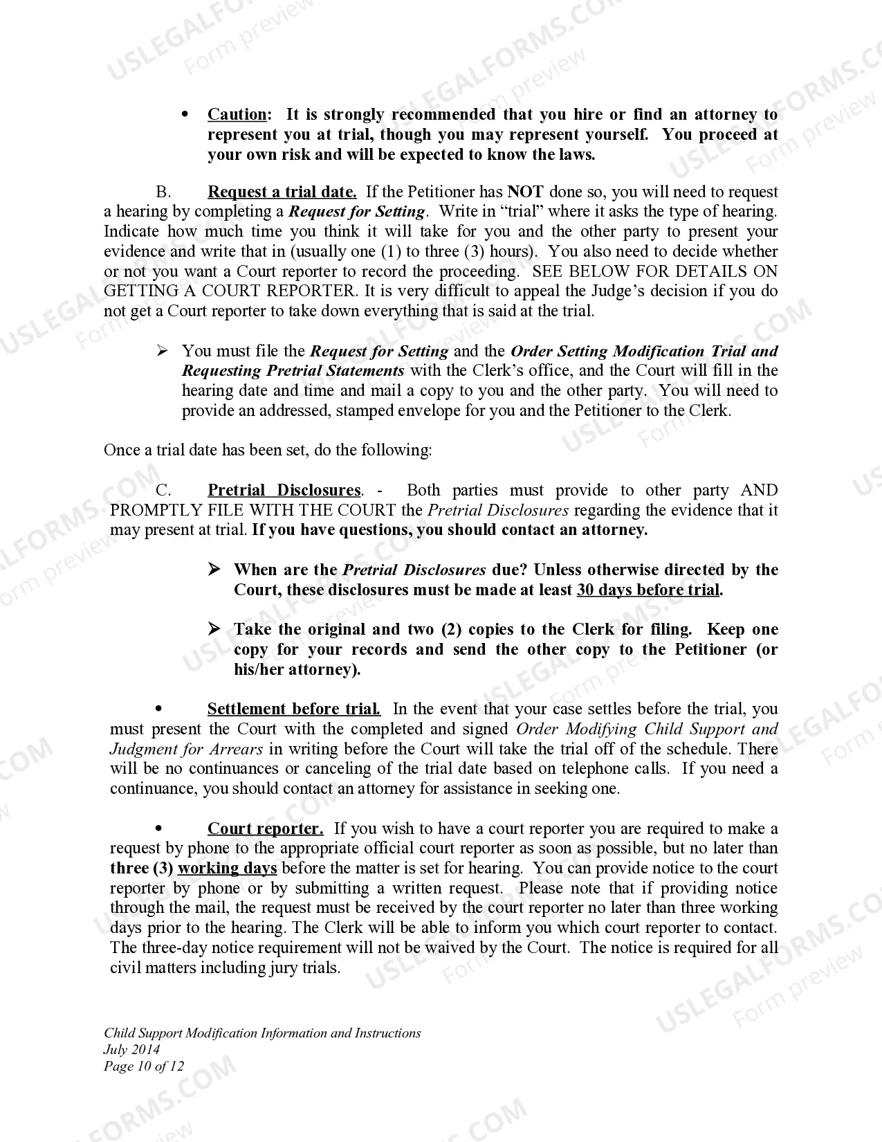 Preview Child Support Modification Information and Instructions