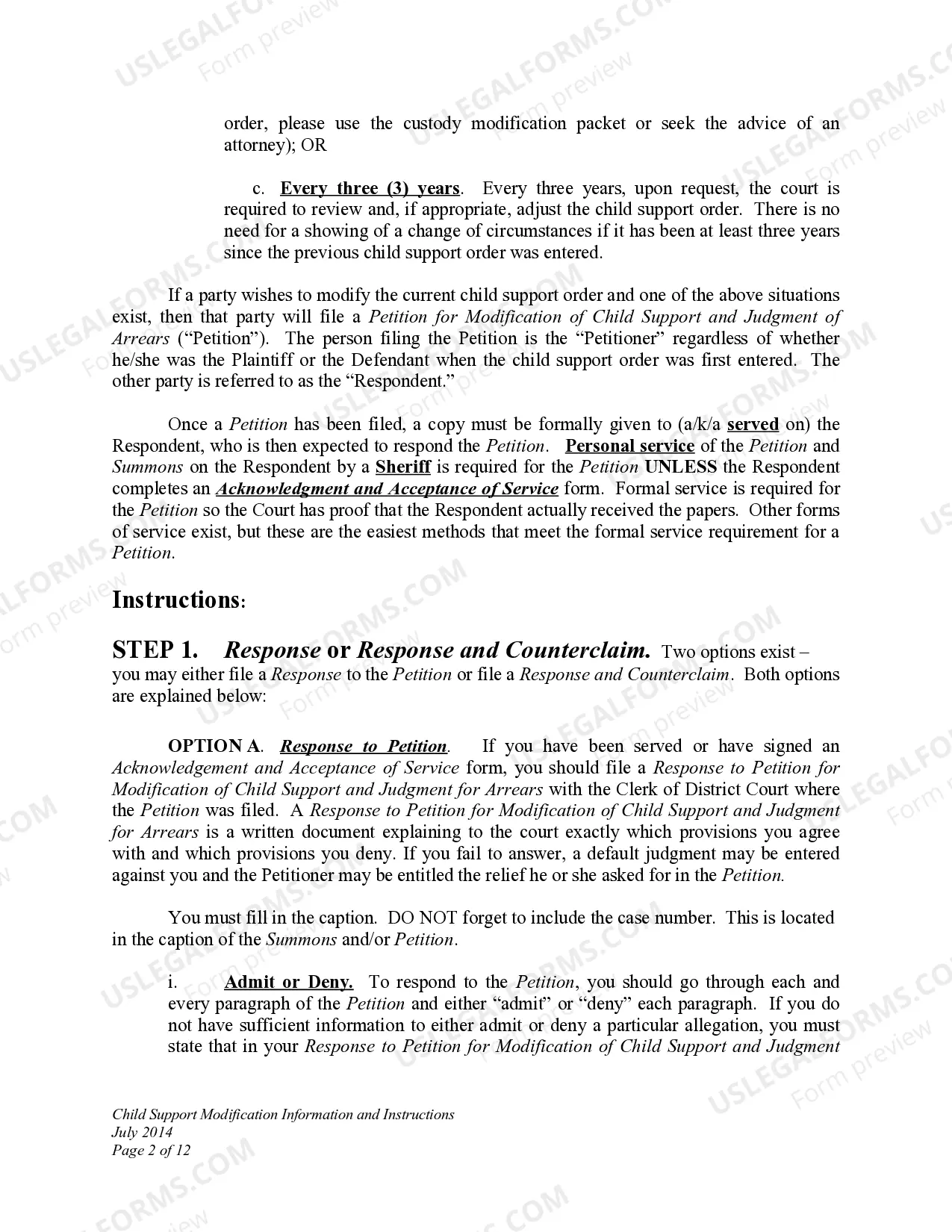 Preview Child Support Modification Information and Instructions