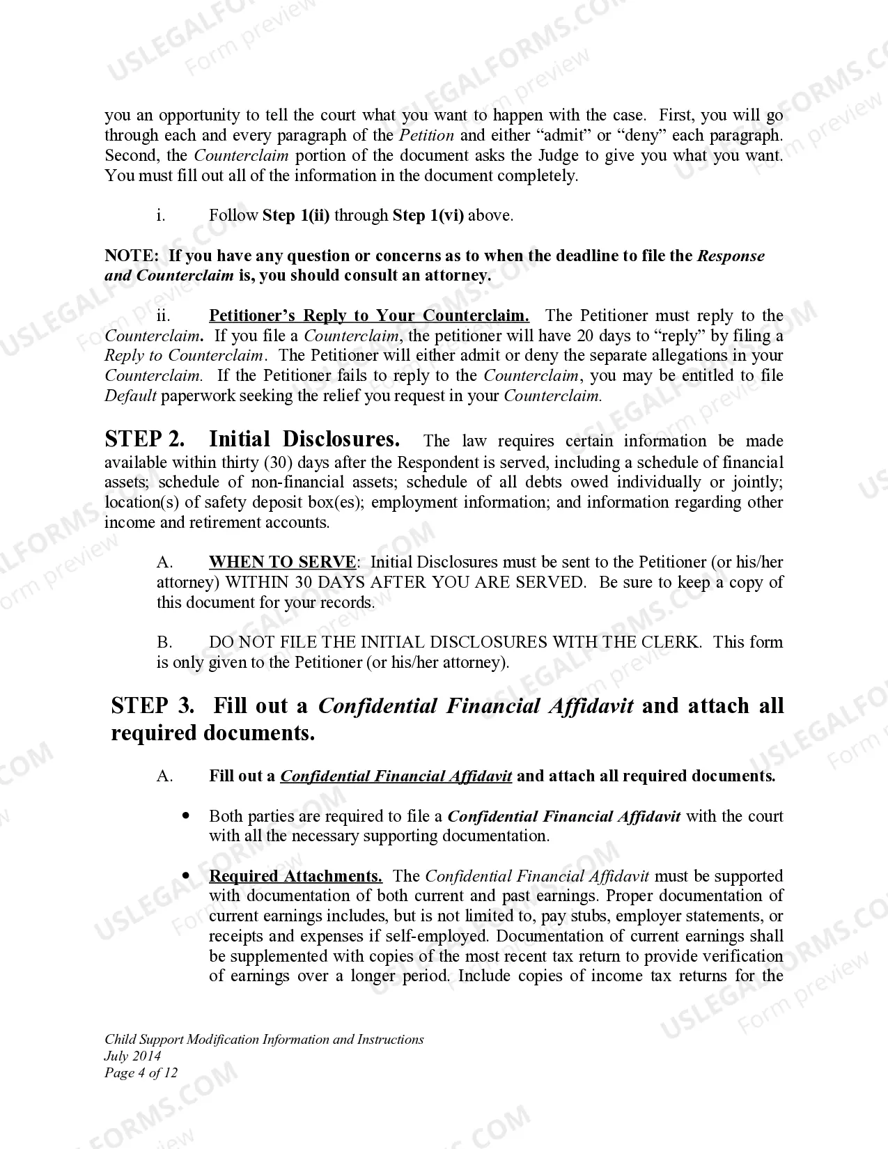 Preview Child Support Modification Information and Instructions