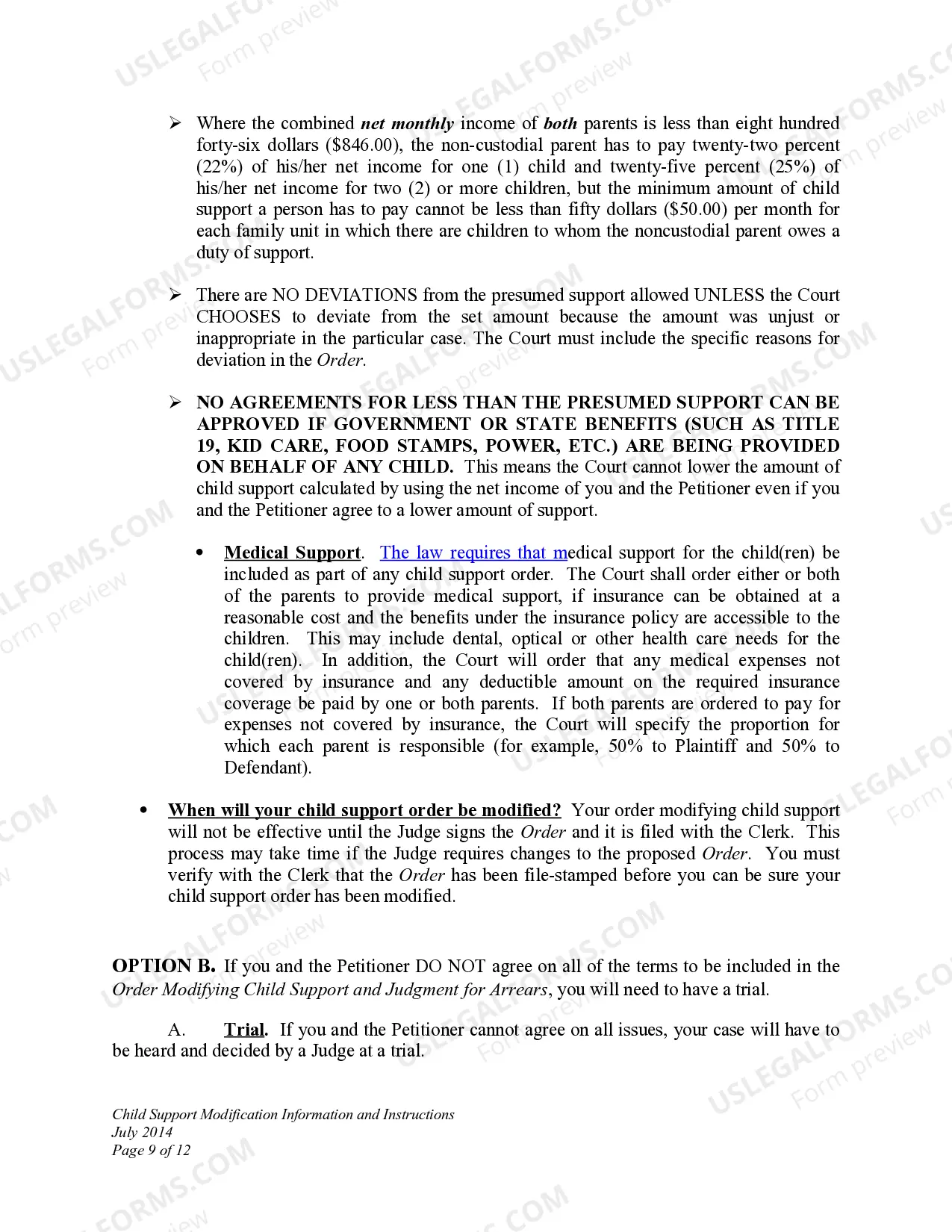 Preview Child Support Modification Information and Instructions