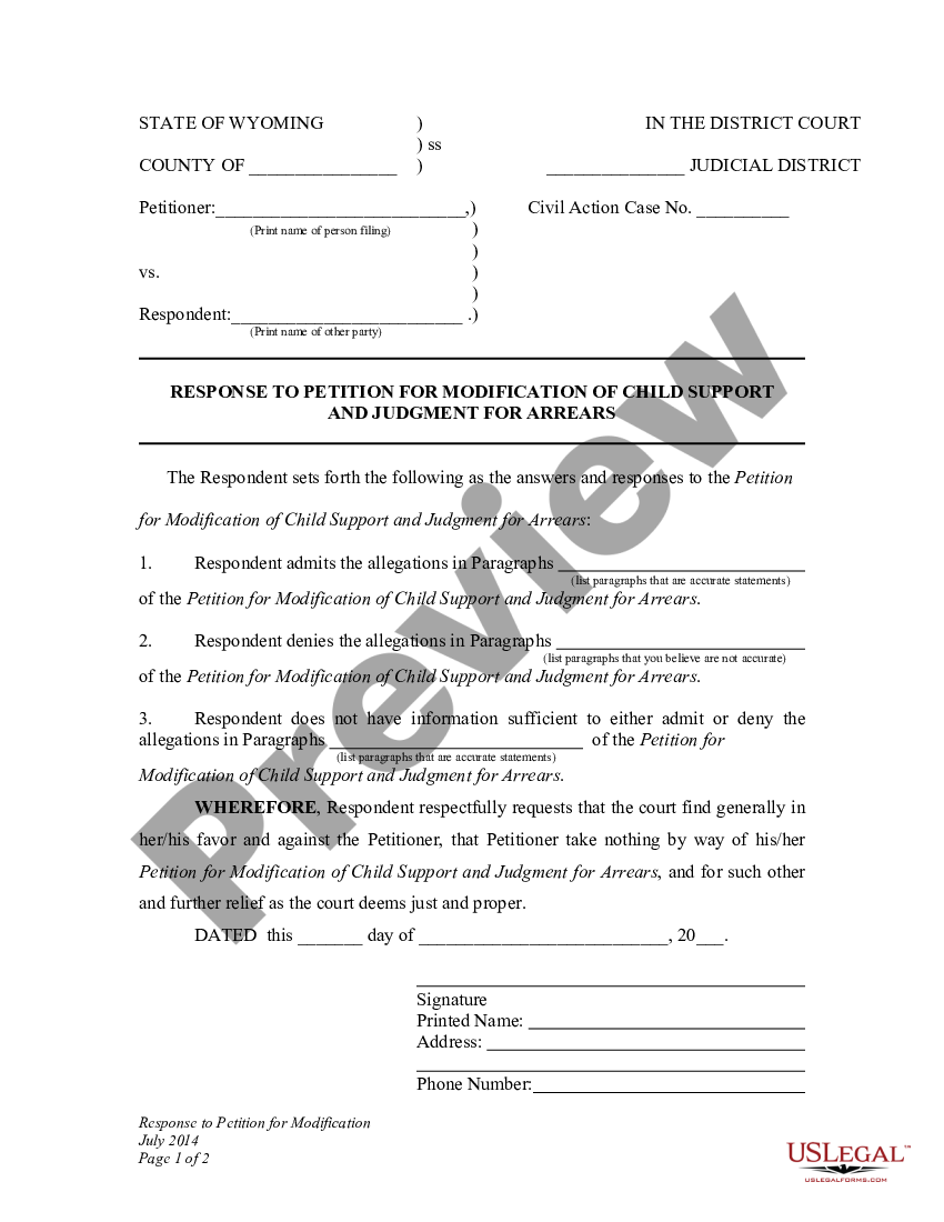 Wyoming Petition for Modification of Child Support | US Legal Forms