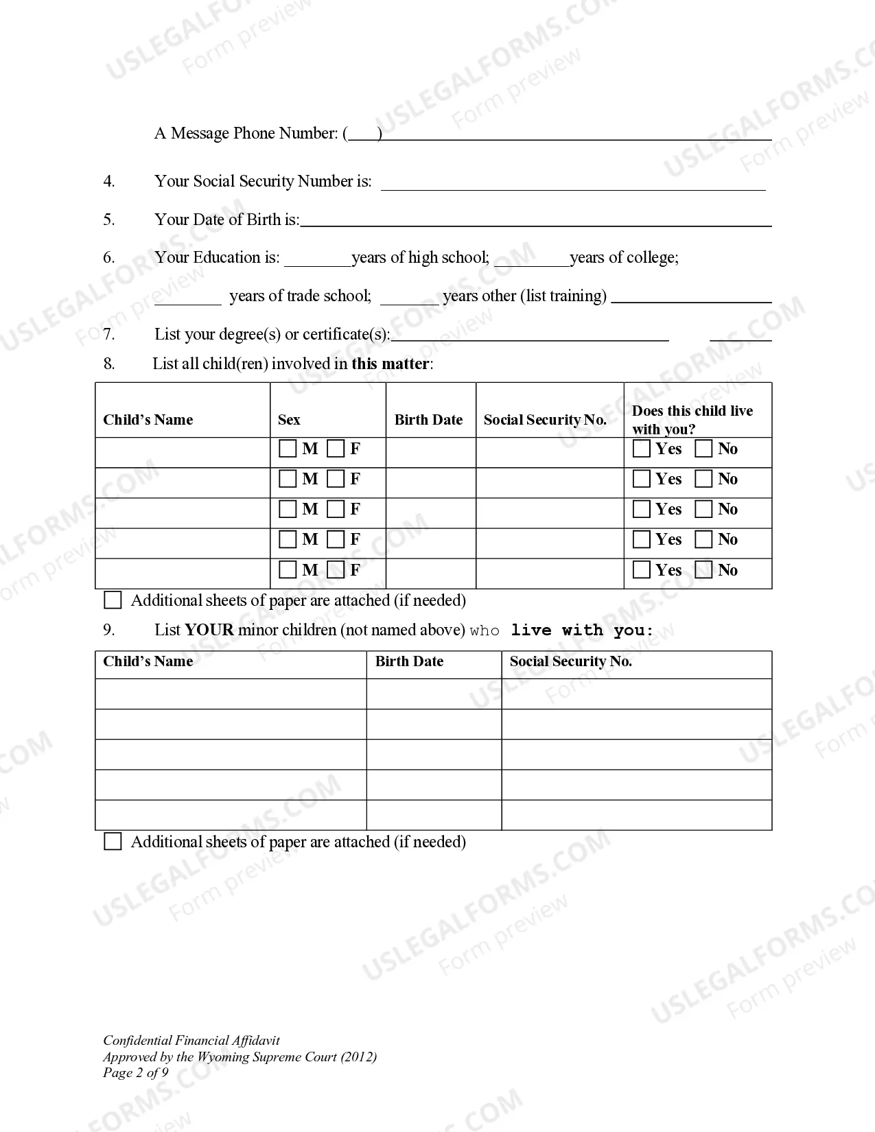 Preview Confidential Financial Affidavit W.S. Section 20-2-308 for Modification of Child Support