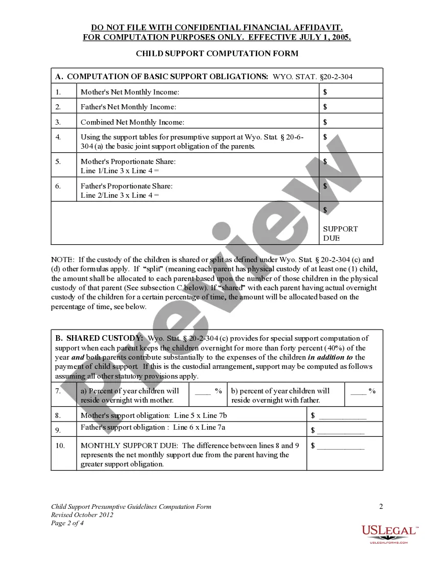 Preview Child Support Presumptive Guidelines Computation Form