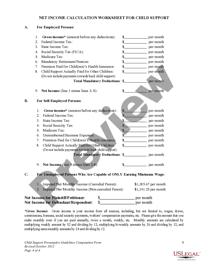 Preview Child Support Presumptive Guidelines Computation Form