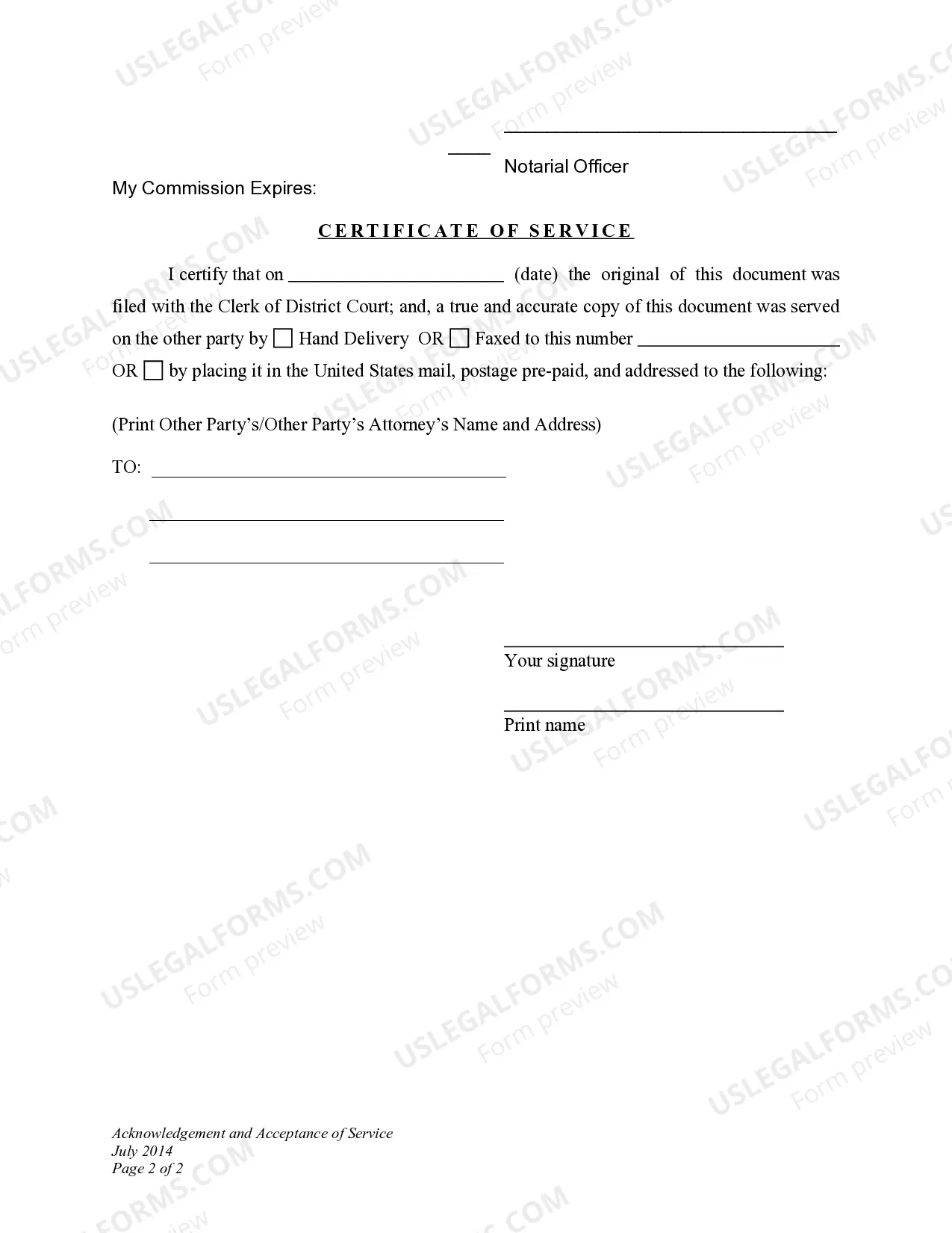 Preview Acknowledgement and Acceptance of Service