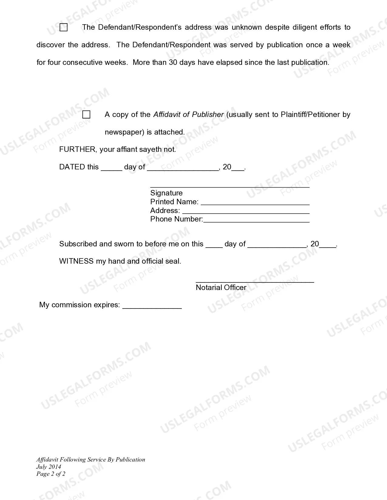 Preview Affidavit Following Service By Publication