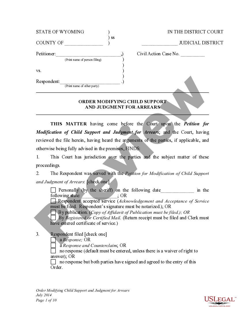 Wyoming Order Modifying Child Support and Judgment for Arrears for