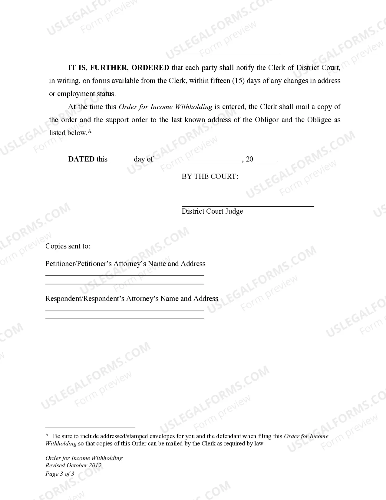 Preview Income Withholding Order for Child Support Modification