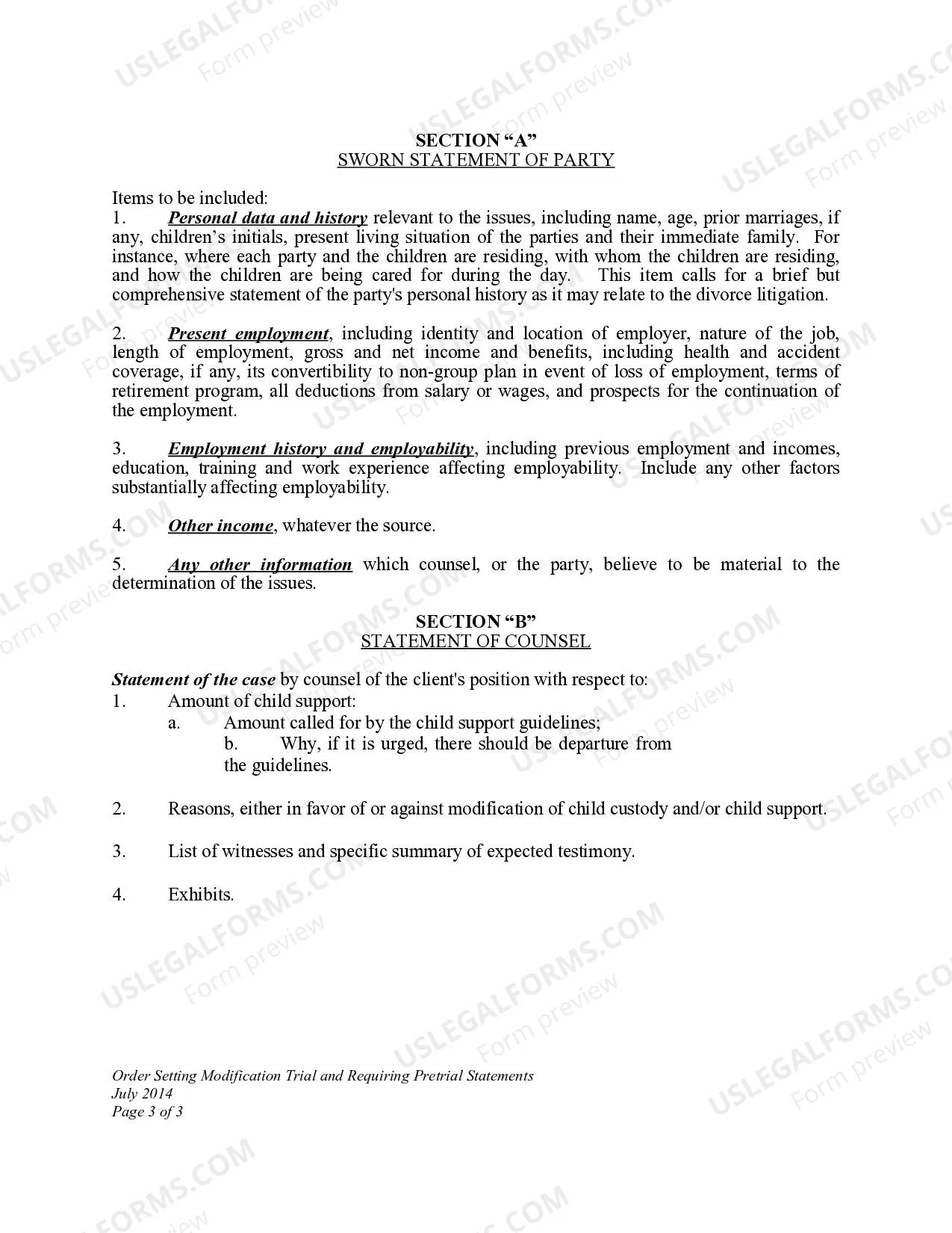 Preview Order Setting Modification Trial and Requiring Pretrial Statements for Child Support Modification