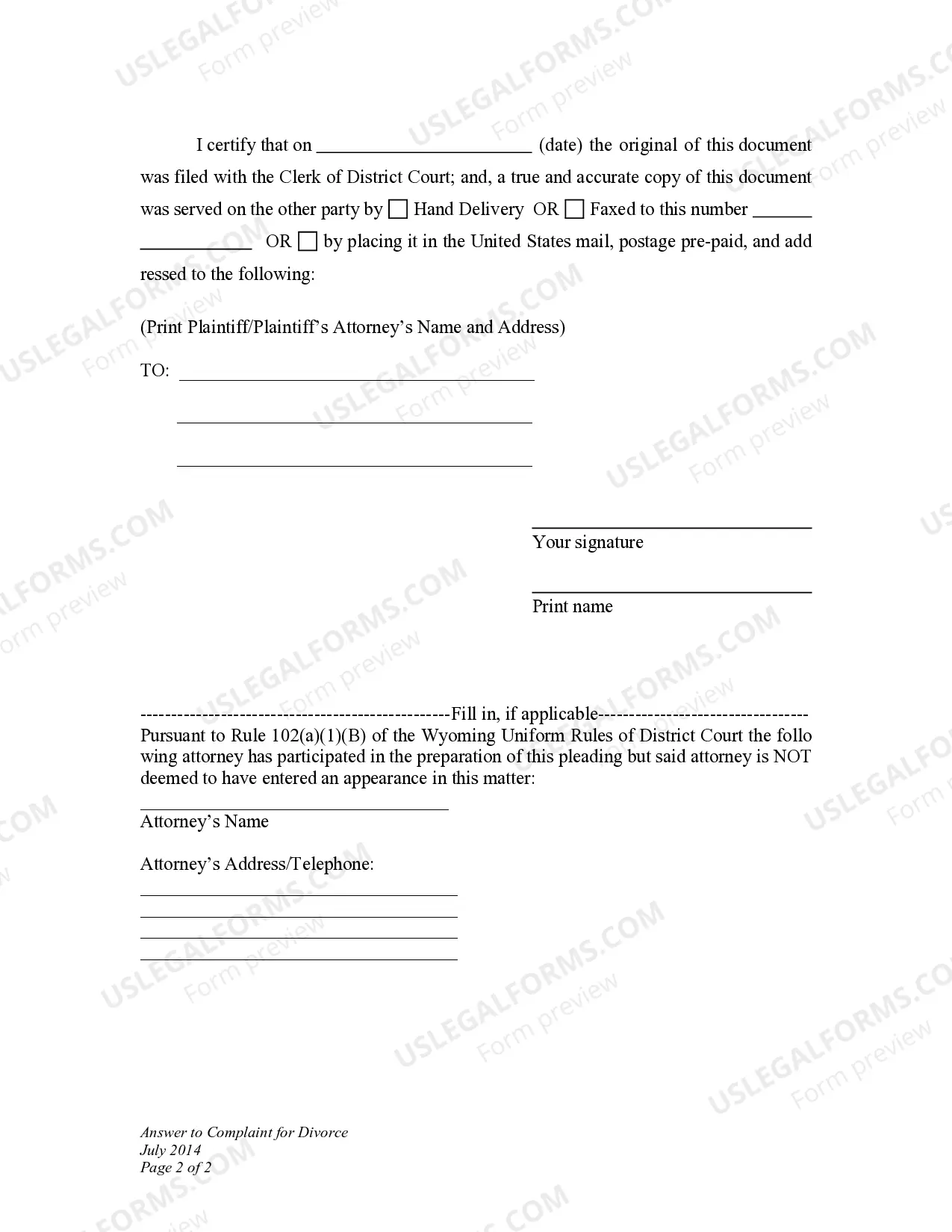 Preview DNCD 5. Answer to Complaint for Divorce (no Children)