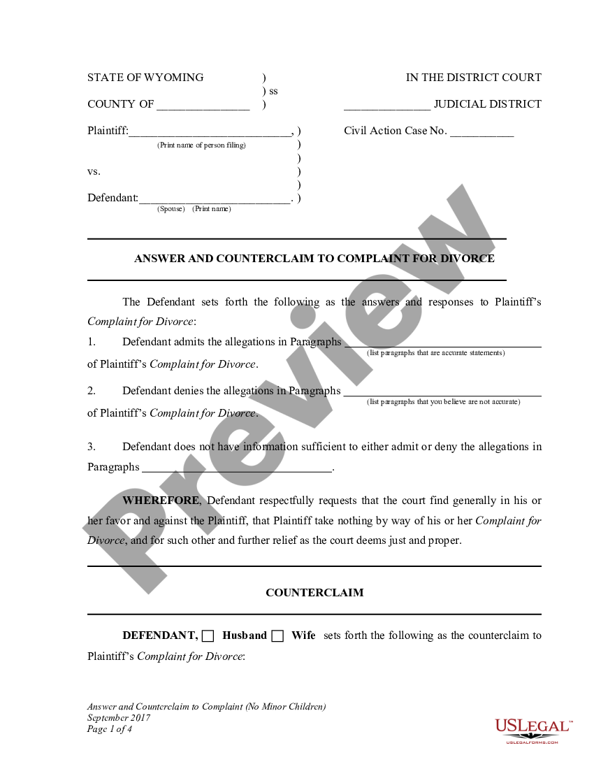 Wyoming Answer and Counterclaim to Complaint for Divorce | US Legal Forms