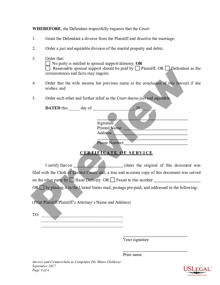 Wyoming Answer and Counterclaim to Complaint for Divorce | US Legal Forms