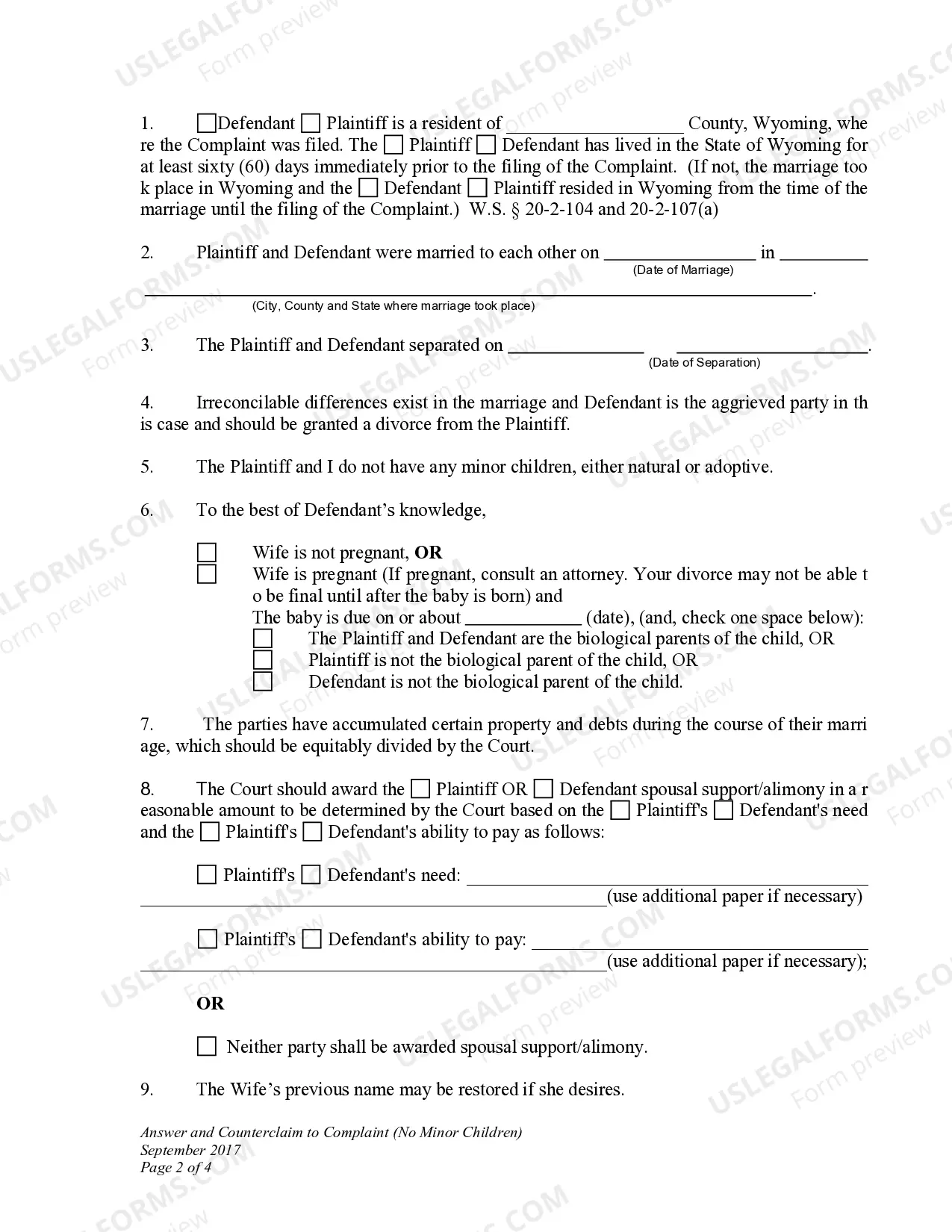 Preview DWCD 6. Answer and Counterclaim to Complaint for Divorce with No Children