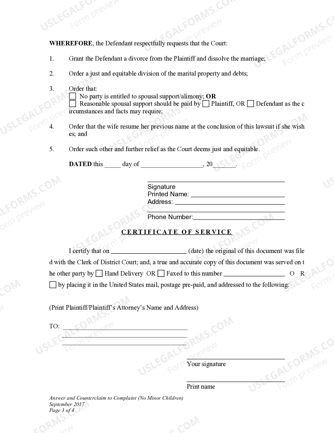 Preview DWCD 6. Answer and Counterclaim to Complaint for Divorce with No Children