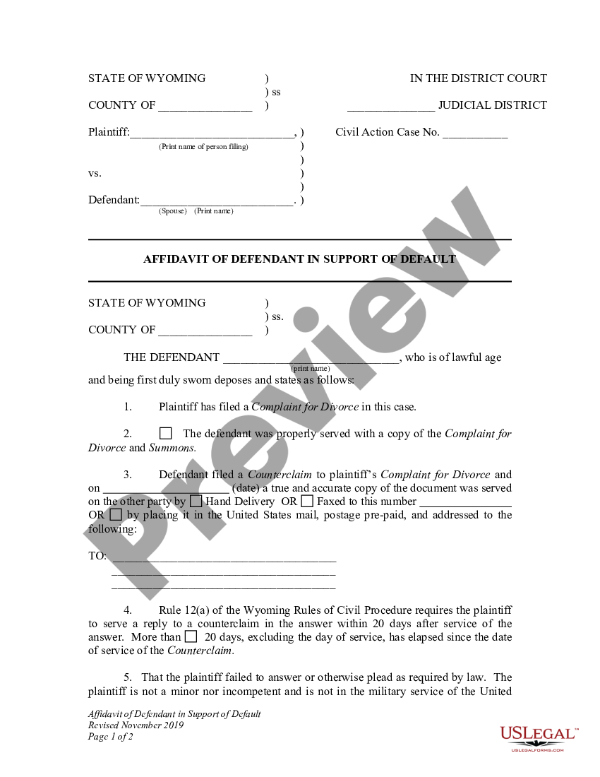 Wyoming Affidavit of Defendant in Support of Default | US Legal Forms