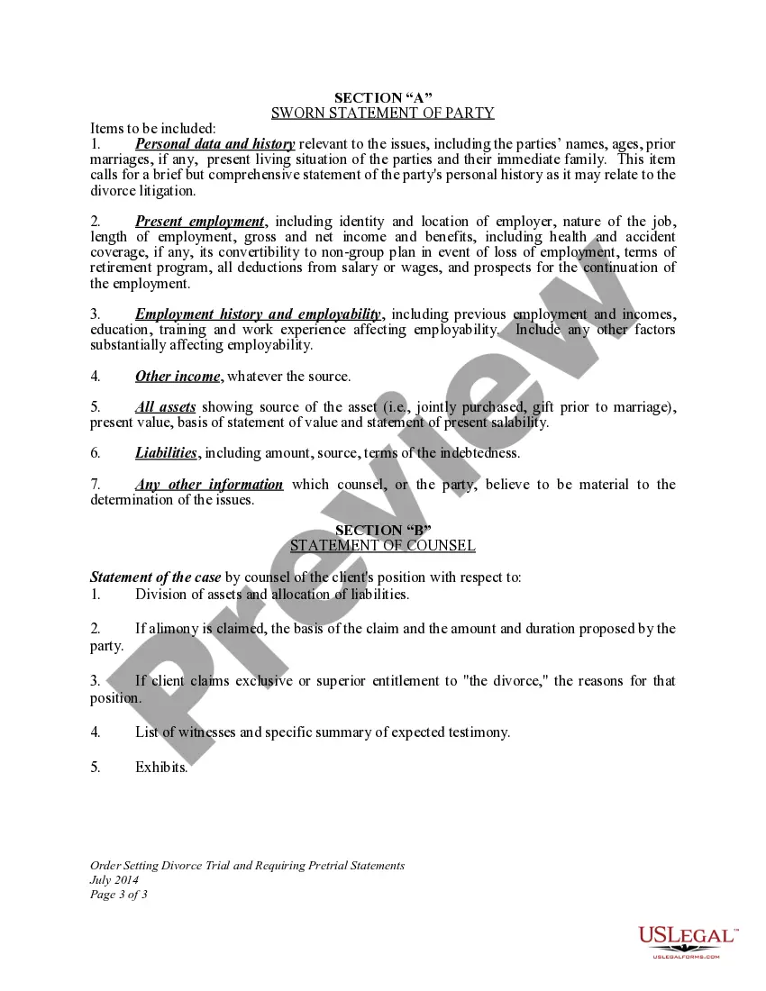Preview Order Setting Divorce Trial and Requiring Pretrial Statements
