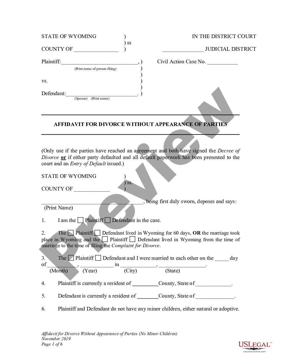 Wyoming Affidavit For Divorce Without Appearance Of Parties Us Legal Forms