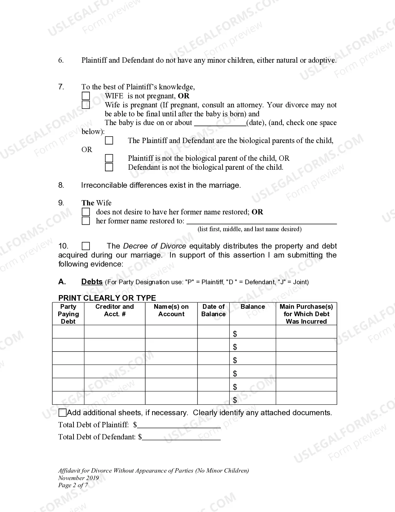 Preview Affidavit for Divorce without Appearance of Parties