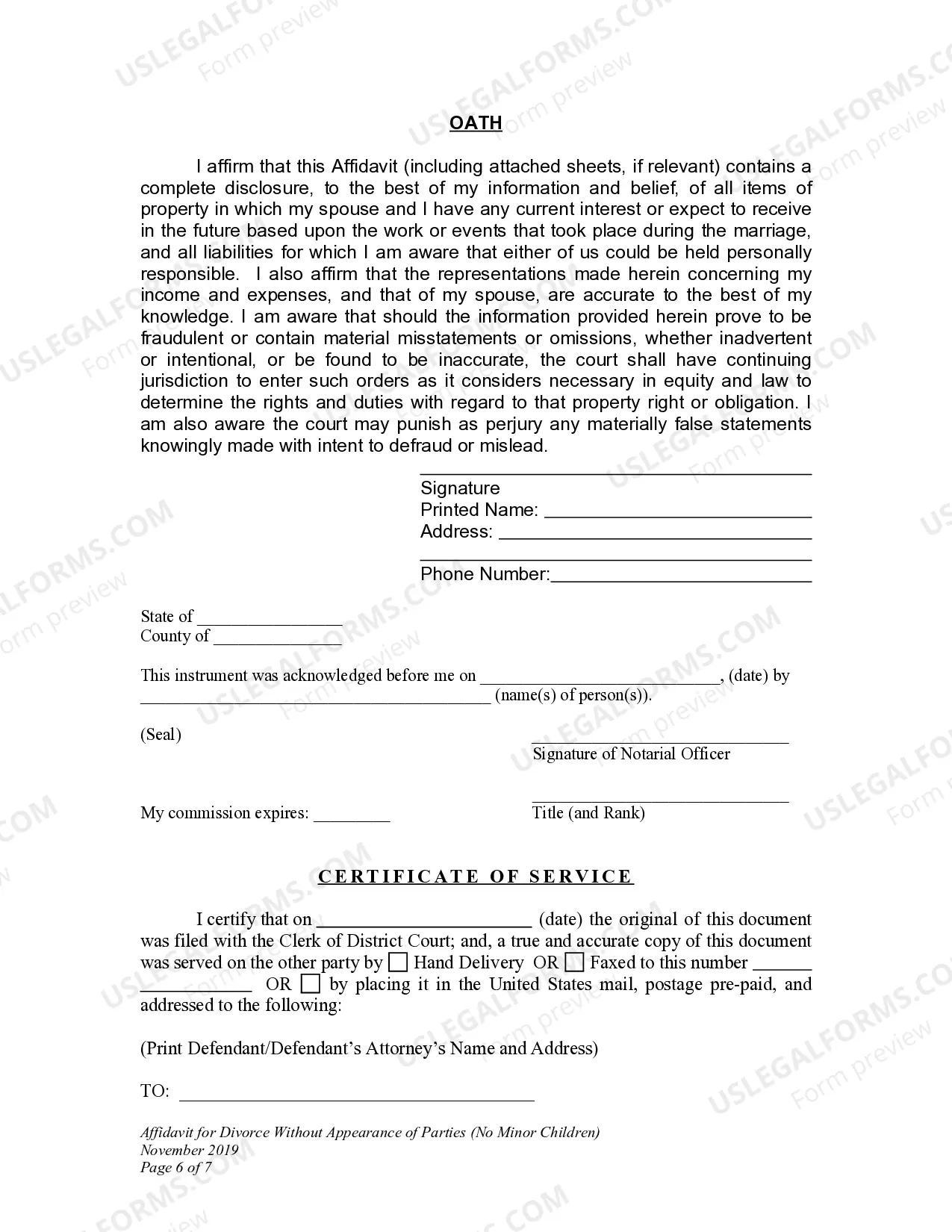 Preview Affidavit for Divorce without Appearance of Parties