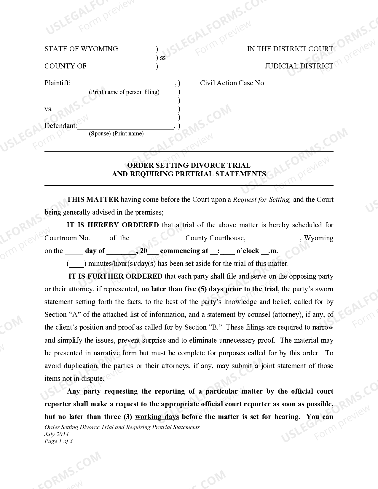 Wyoming Order Setting Divorce Trial and Requiring Pretrial Statements