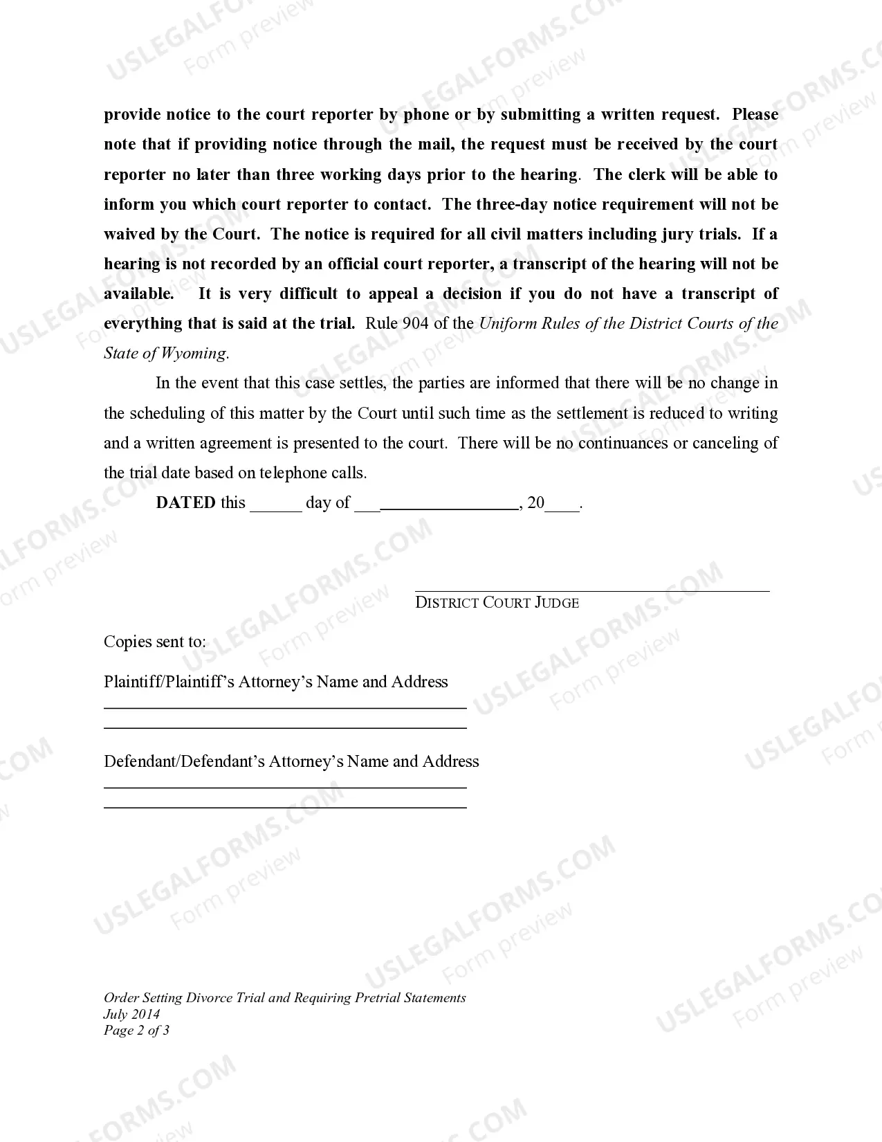 Preview Order Setting Divorce Trial and Requiring Pretrial Statements
