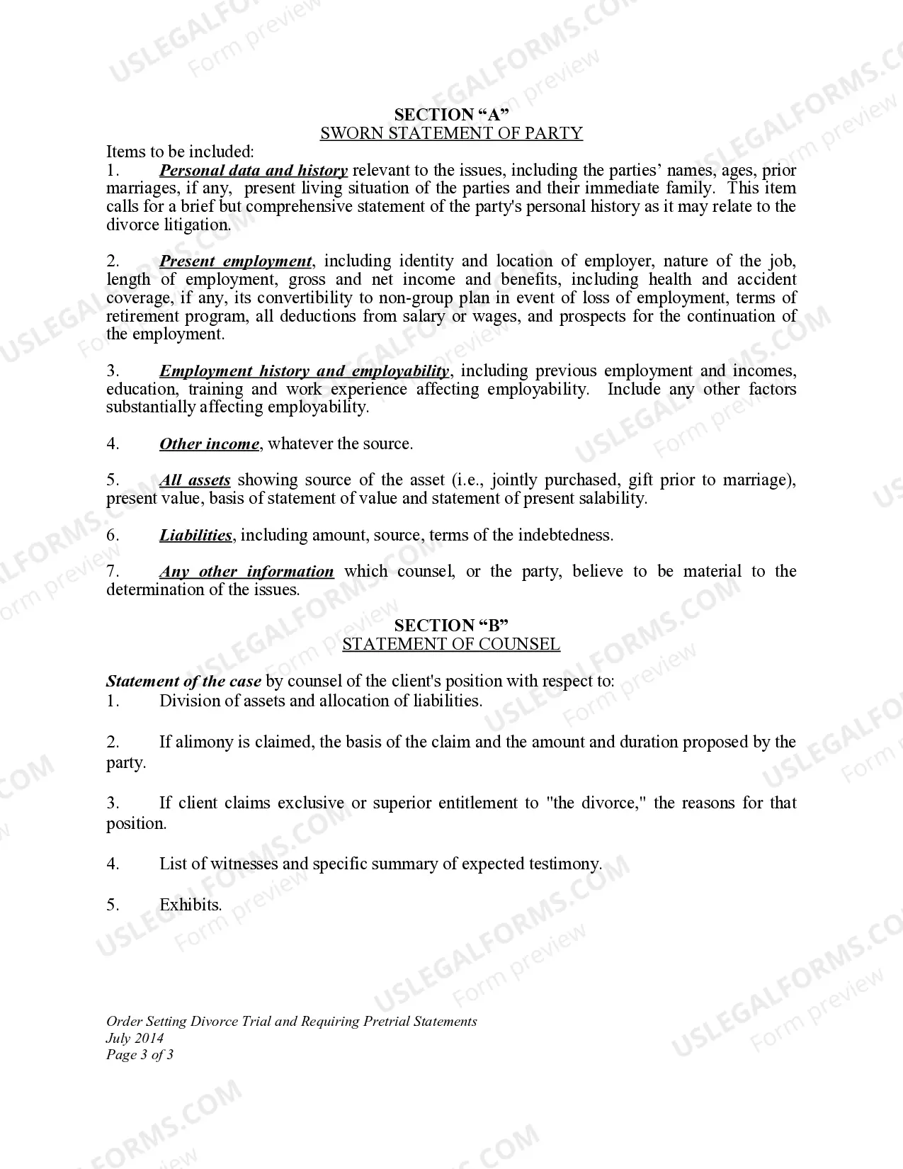 Preview Order Setting Divorce Trial and Requiring Pretrial Statements
