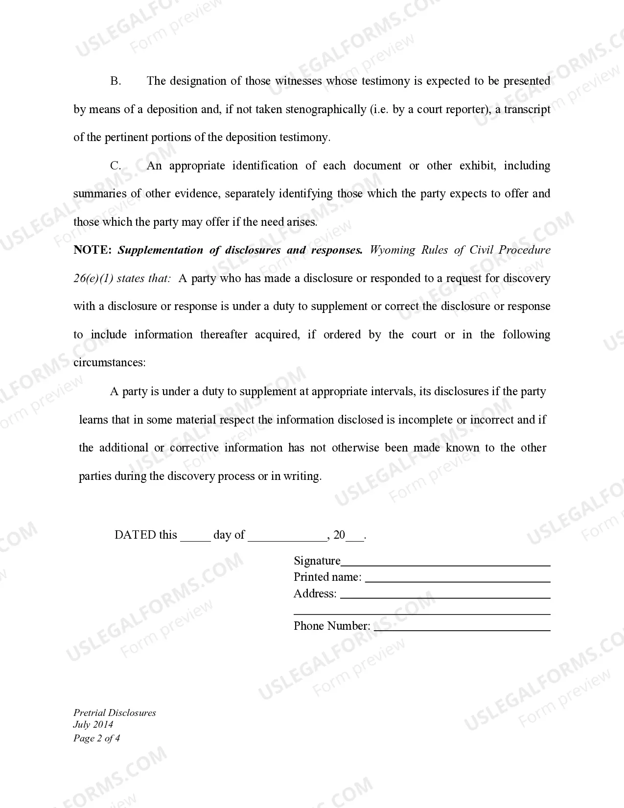 Preview Required Pretrial Disclosures in Divorce Actions Pursuant to Wyoming Rules of Civil Procedure 26(a)(3)