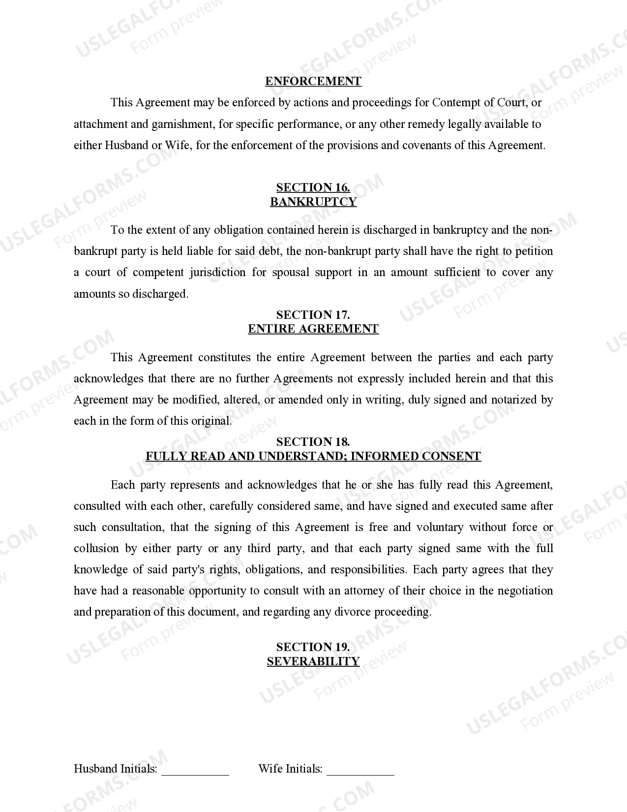 Preview Marital Domestic Separation and Property Settlement Agreement for persons with No Children, No Joint Property or Debts where Divorce Action Filed