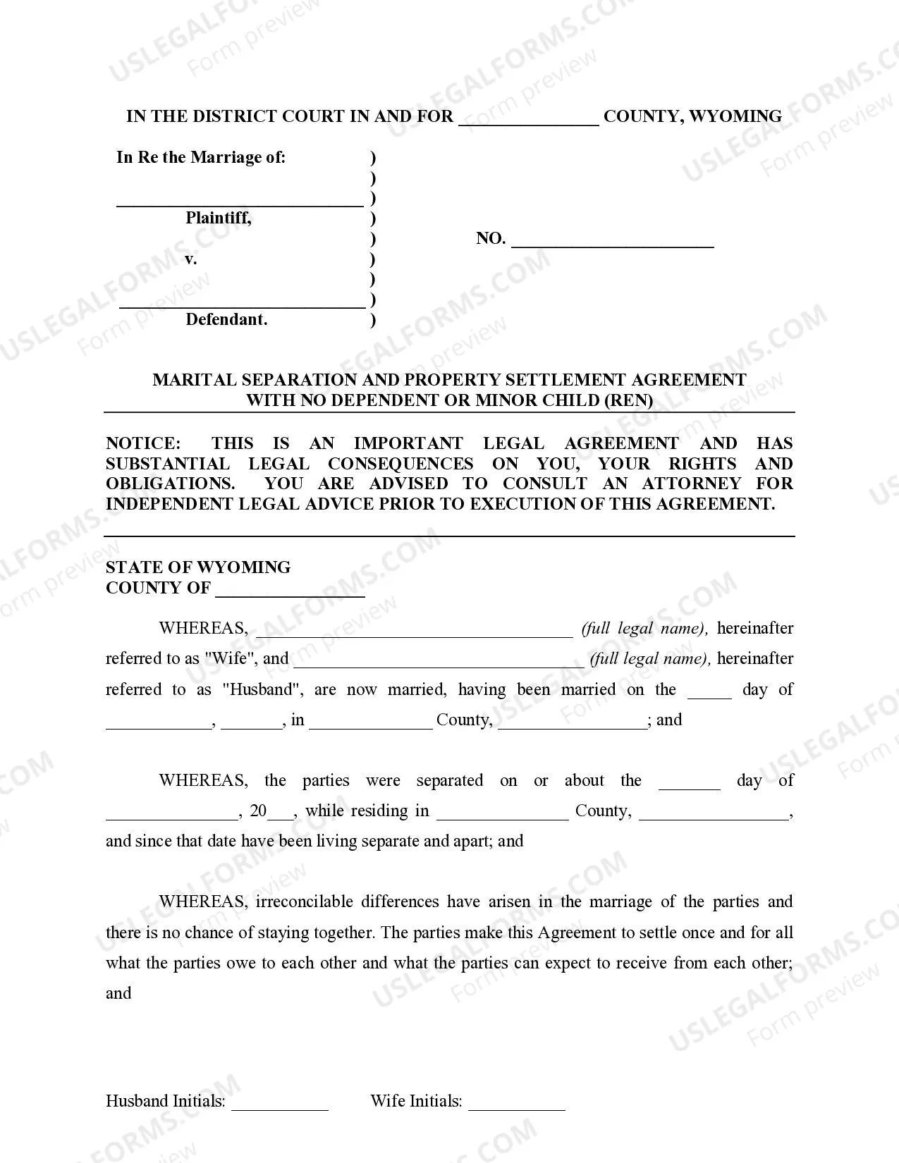 Preview Marital Domestic Separation and Property Settlement Agreement for persons with No Children, No Joint Property or Debts where Divorce Action Filed